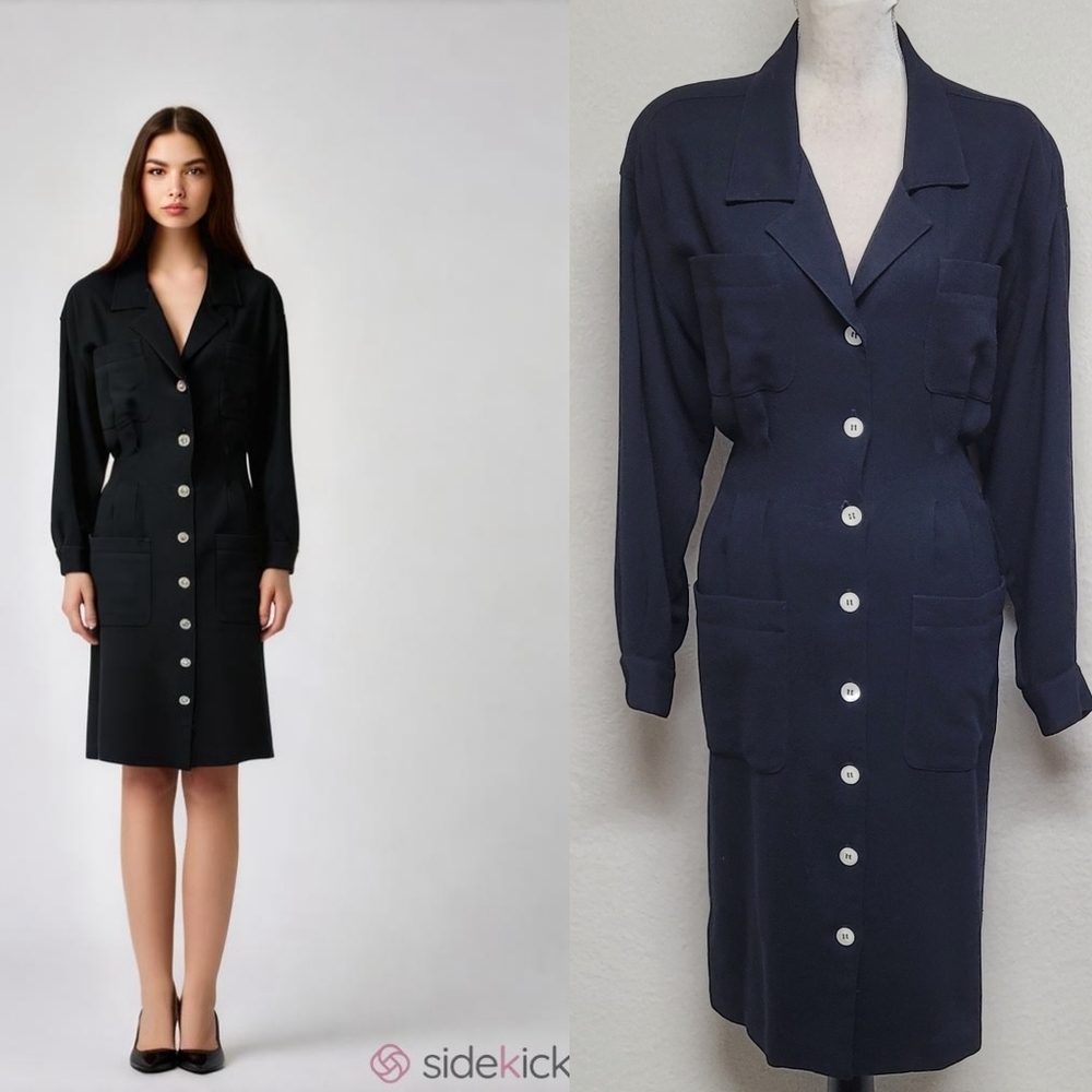 Anne Klein Vintage 70s Navy Blue Wool Twill Padded Shoulder Button Sheath Dress